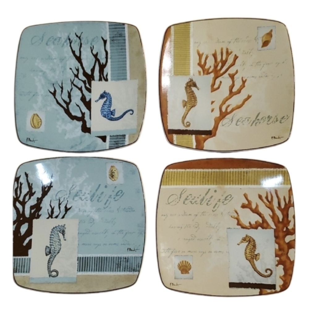 Casa Moda Paul Brent Aquarius Set Of‎ 4 Nautical Seahorse Salad 8" Plates